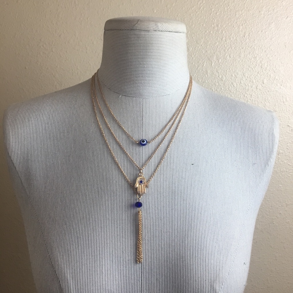 New gold multilayer evil eye hamsa necklace